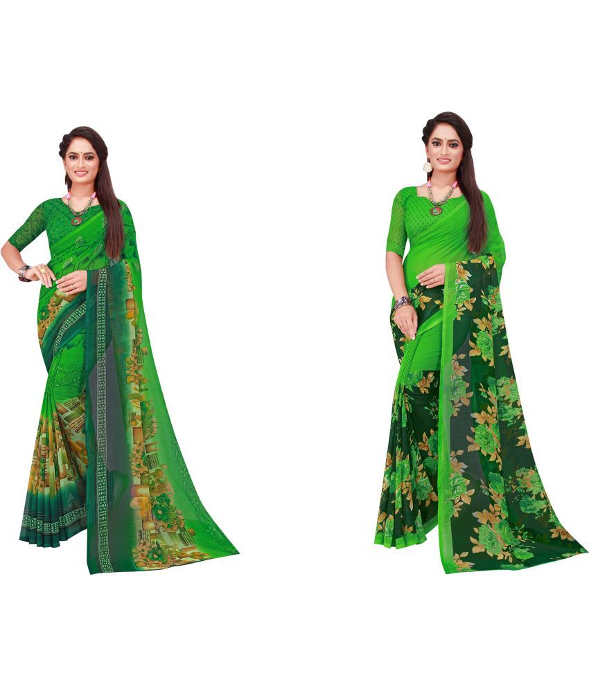     			Saadhvi Georgette Printed Saree With Blouse Piece - Multicolour ( Pack of 2 )