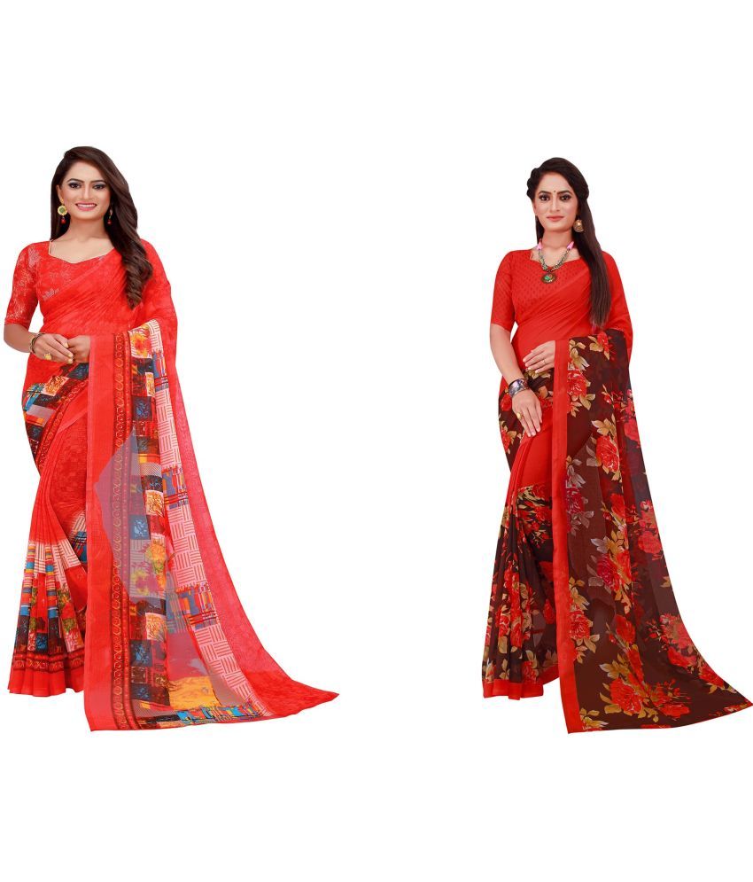     			Saadhvi Georgette Printed Saree With Stitched Blouse - Multicolour ( Pack of 2 )