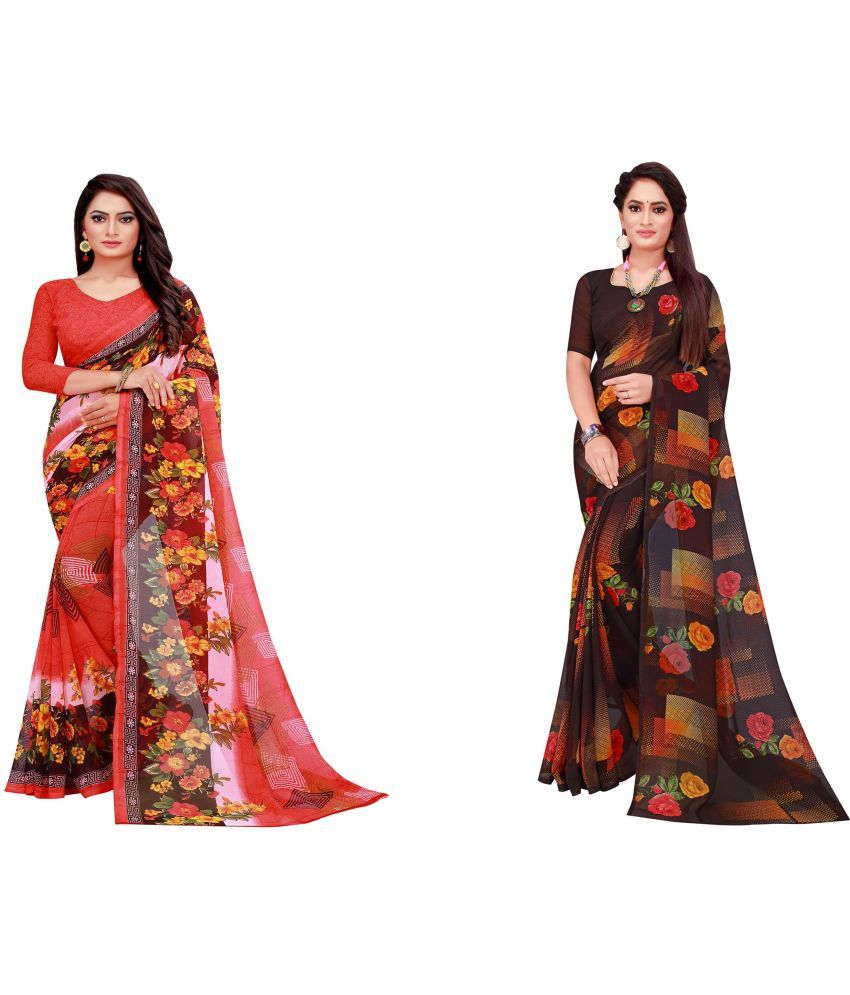     			Saadhvi Georgette Printed Saree With Blouse Piece - Multicolour ( Pack of 2 )