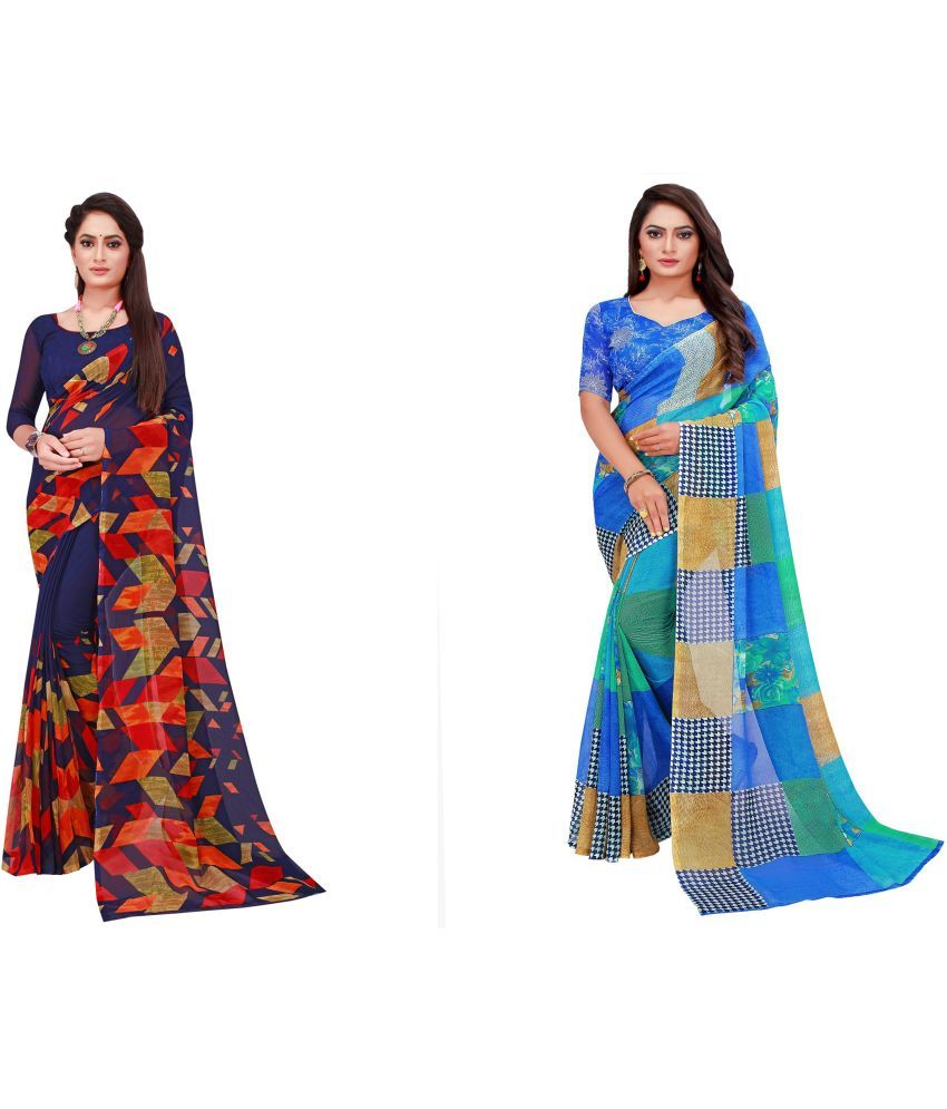     			Saadhvi Georgette Printed Saree With Blouse Piece - Blue ( Pack of 2 )