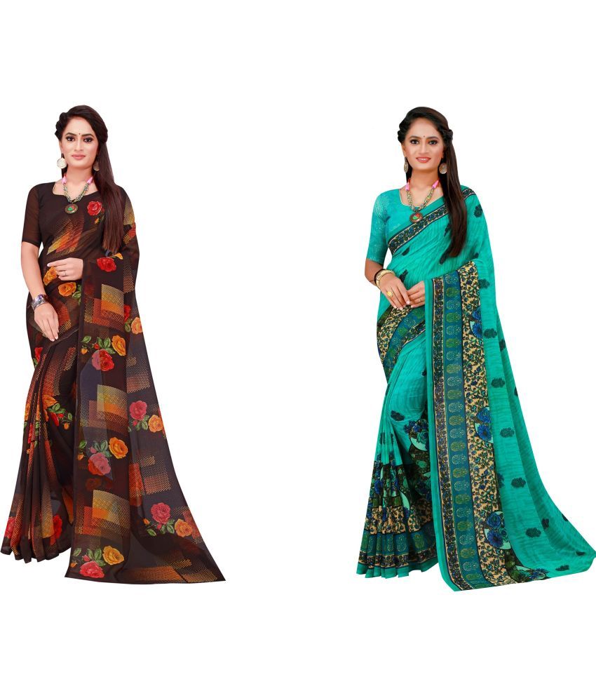     			Saadhvi Georgette Printed Saree With Blouse Piece - Brown ( Pack of 2 )