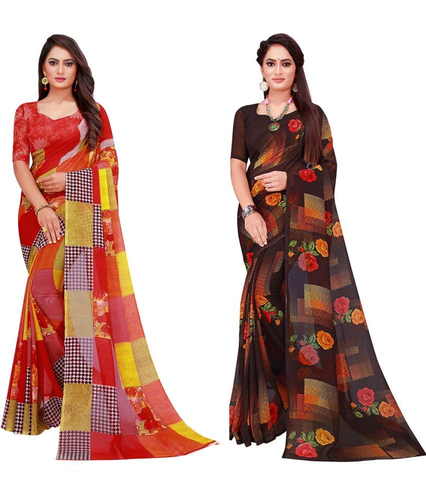     			Saadhvi Georgette Printed Saree With Blouse Piece - Red ( Pack of 2 )