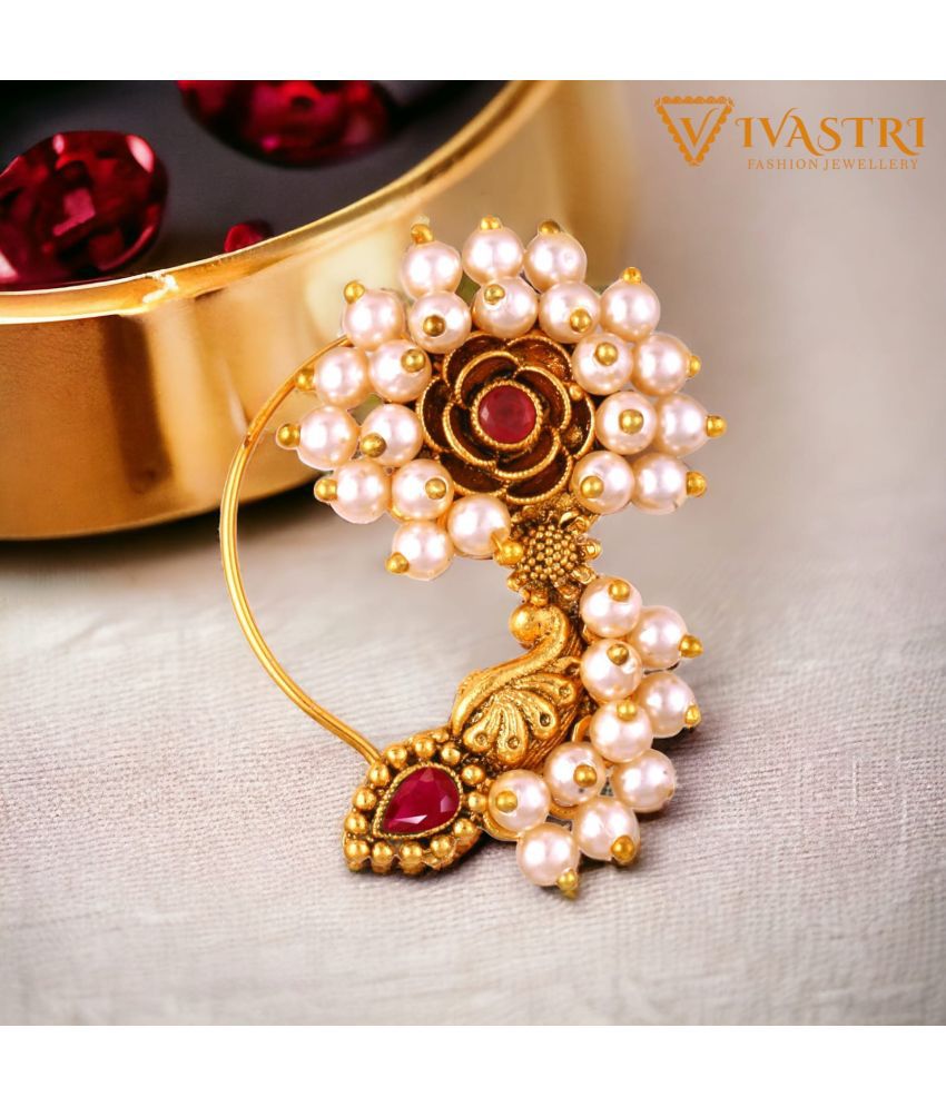     			Vivastri's Premium & Elegant Peackock Style Cubic Zirconia Bead Studded Nose Rings For Women & Girls -VIVA1279NTH-PRESS-RED