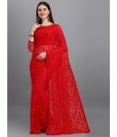 Saadhvi Net Embroidered Saree With Blouse Piece - Red ( Pack of 1 )