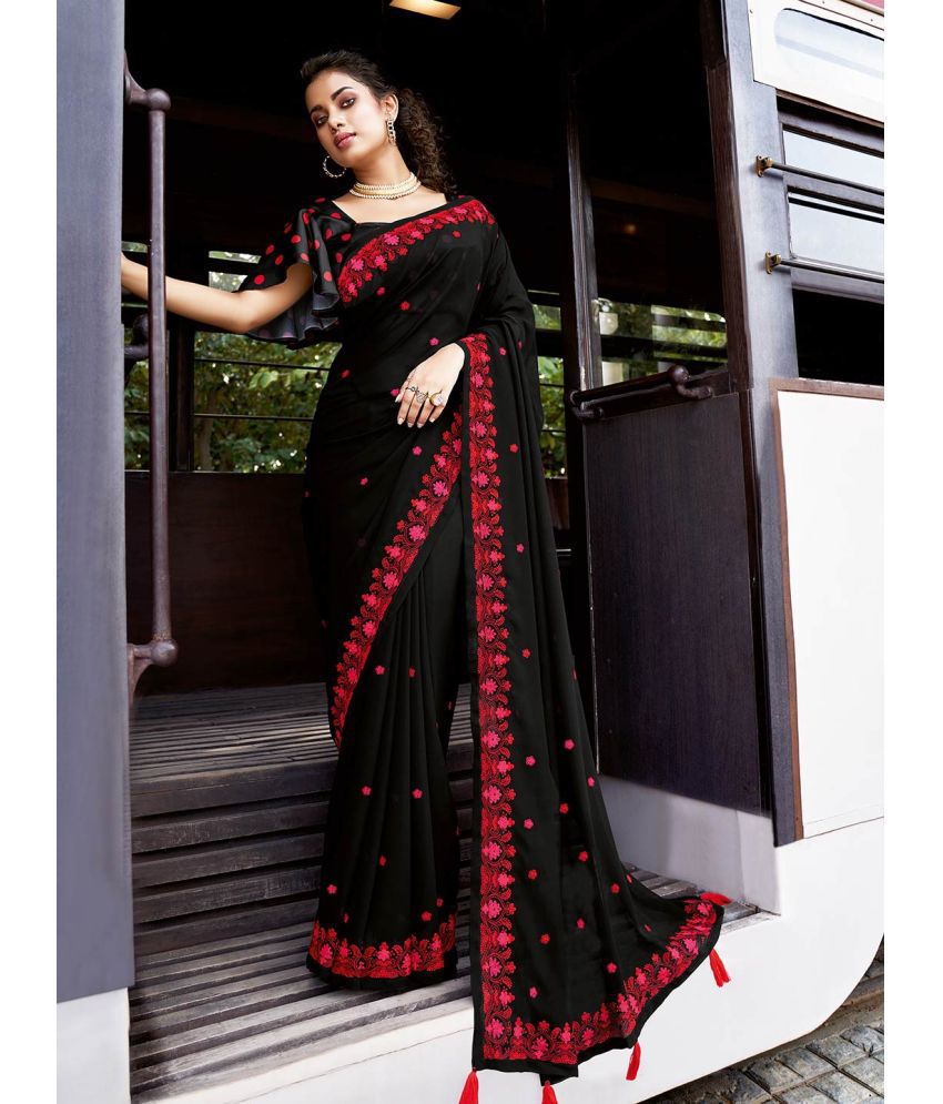     			Aarrah Chiffon Embroidered Saree With Blouse Piece - Black ( Pack of 1 )