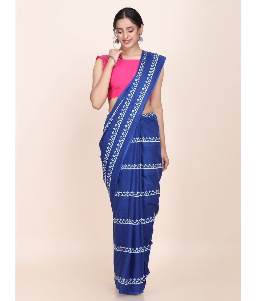     			Aarrah Cotton Blend Printed Saree With Blouse Piece - Indigo ( Pack of 1 )