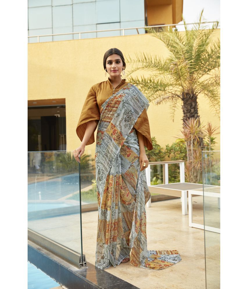     			Aarrah Georgette Printed Saree With Blouse Piece - Grey ( Pack of 1 )