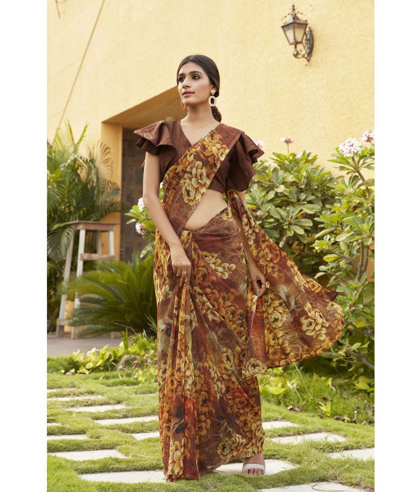     			Aarrah Georgette Printed Saree With Blouse Piece - Brown ( Pack of 1 )