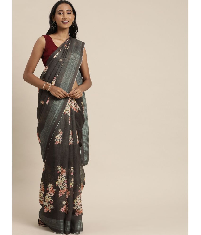     			Aarrah Linen Printed Saree With Blouse Piece - Brown ( Pack of 1 )