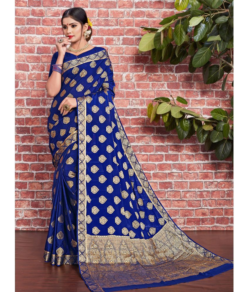     			Aarrah Silk Blend Embellished Saree With Blouse Piece - Blue ( Pack of 1 )