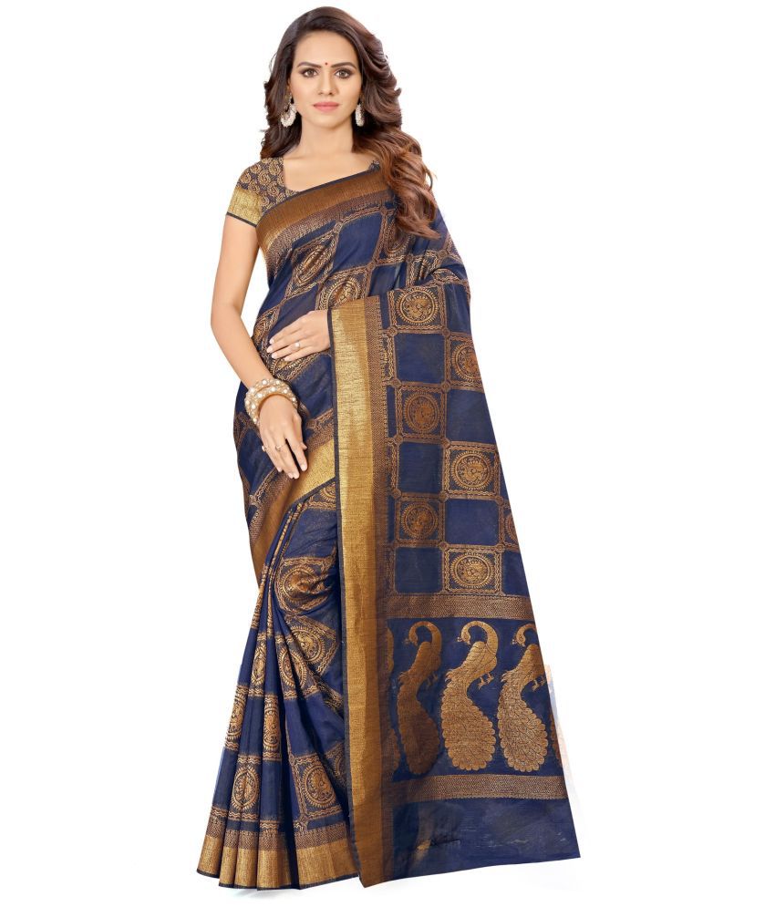     			Aarrah Silk Blend Woven Saree With Blouse Piece - Navy Blue ( Pack of 1 )
