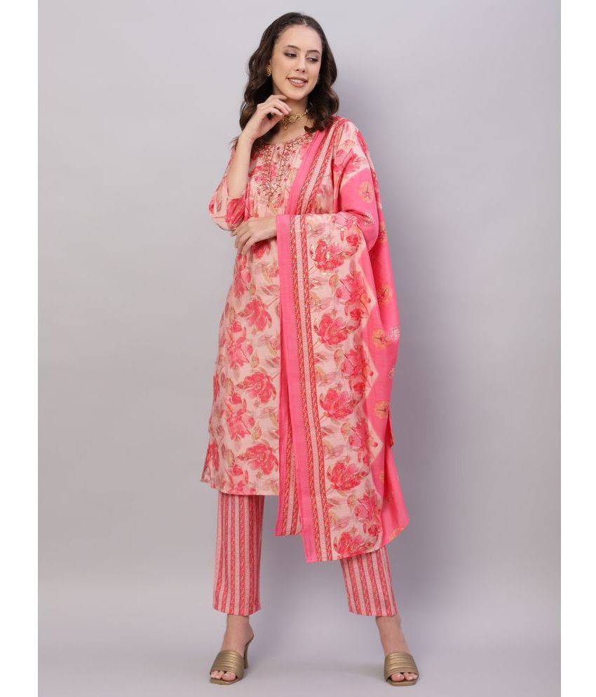     			Flamboyant Chanderi Printed Kurti With Pants Women's Stitched Salwar Suit - Pink ( Pack of 1 )