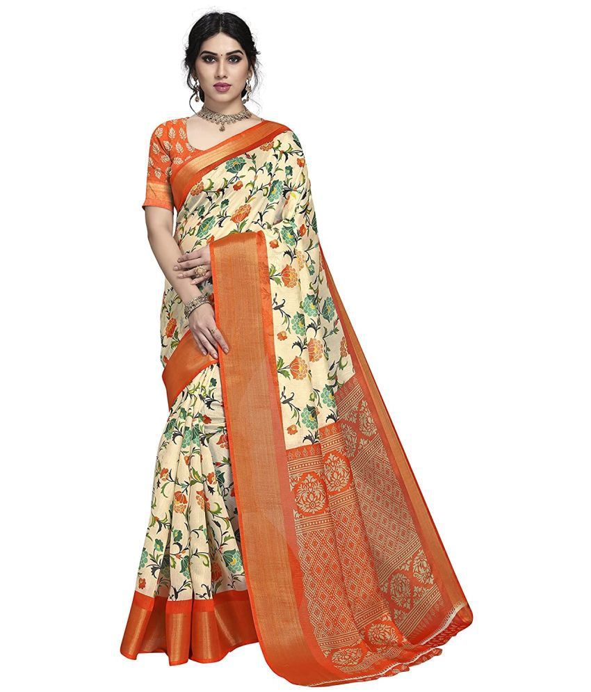     			Grubstaker Cotton Printed Saree With Blouse Piece - Orange ( Pack of 1 )