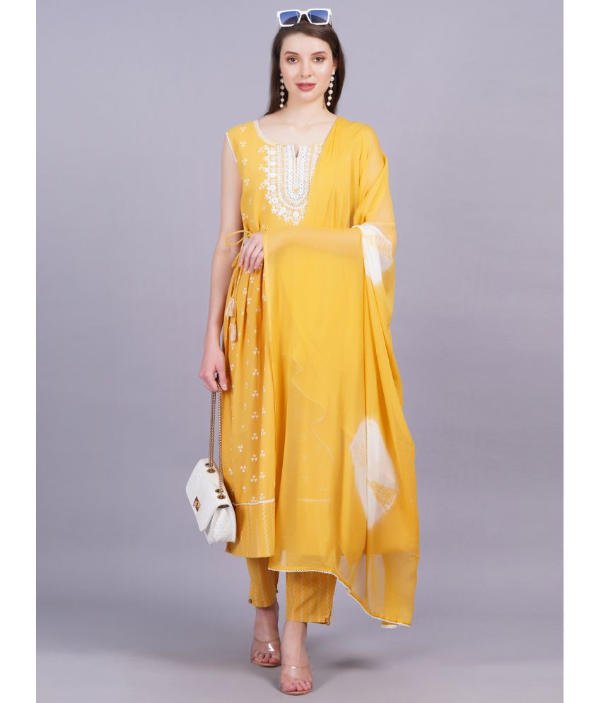     			HIGHLIGHT FASHION EXPORT Cotton Embroidered Kurti With Pants Women's Stitched Salwar Suit - Yellow ( Pack of 1 )