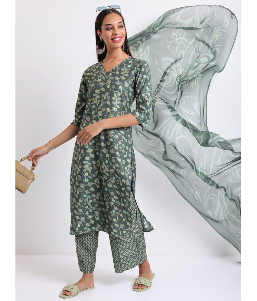     			Ketch Polyester Printed Kurti With Palazzo Women's Stitched Salwar Suit - Green ( Pack of 1 )