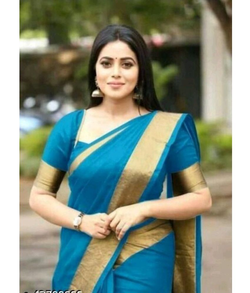     			Saadhvi Art Silk Solid Saree With Blouse Piece - Blue ( Pack of 1 )