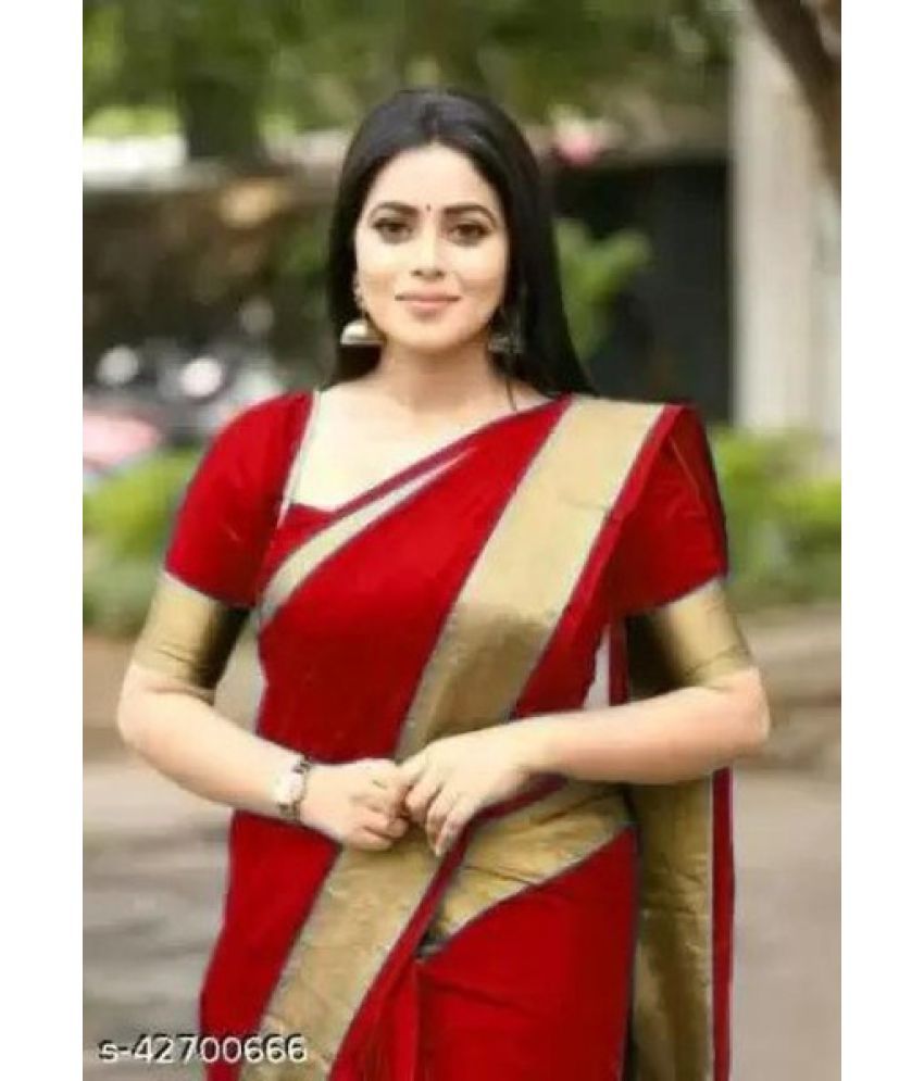     			Saadhvi Art Silk Solid Saree With Blouse Piece - RED ( Pack of 1 )