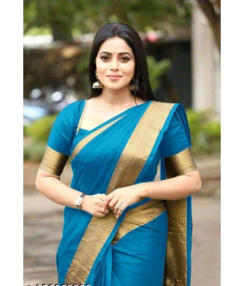     			Saadhvi Cotton Silk Solid Saree With Blouse Piece - Blue ( Pack of 1 )