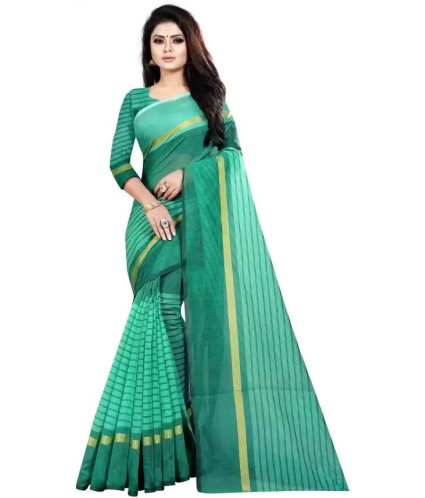     			Saadhvi Cotton Silk Striped Saree With Blouse Piece - Green ( Pack of 1 )