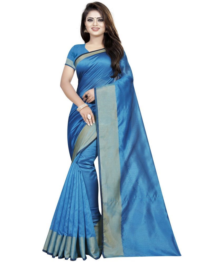     			Saadhvi Cotton Silk Woven Saree With Blouse Piece - Light Blue ( Pack of 1 )