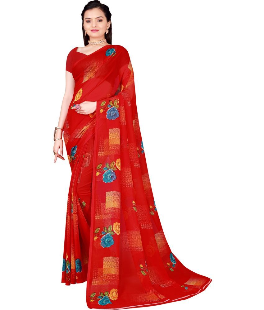     			Saadhvi Georgette Printed Saree With Blouse Piece - Red ( Pack of 1 )