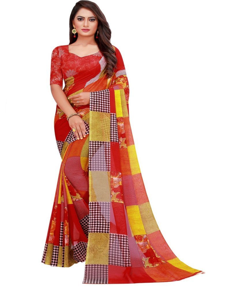     			Saadhvi Georgette Printed Saree With Blouse Piece - Red ( Pack of 1 )