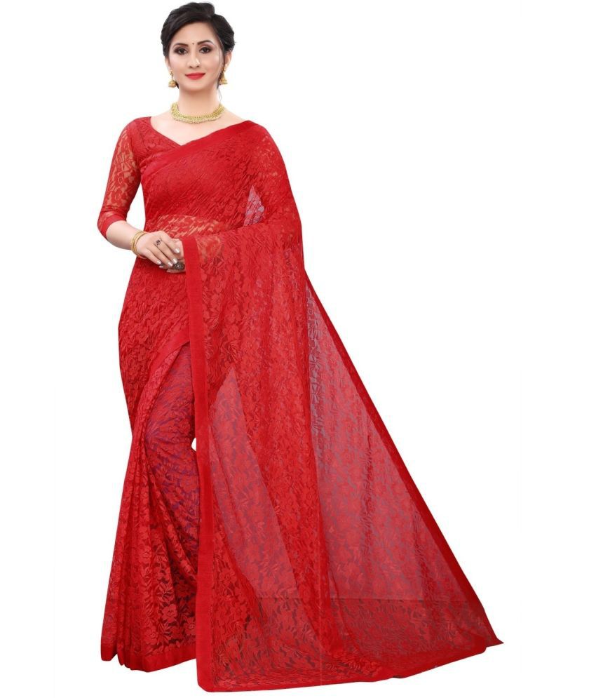     			Saadhvi Net Embellished Saree With Blouse Piece - RED ( Pack of 1 )
