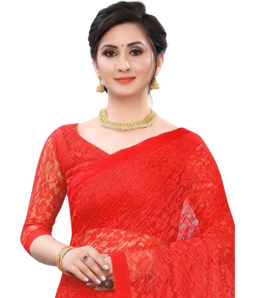     			Saadhvi Net Embellished Saree With Blouse Piece - RED ( Pack of 1 )