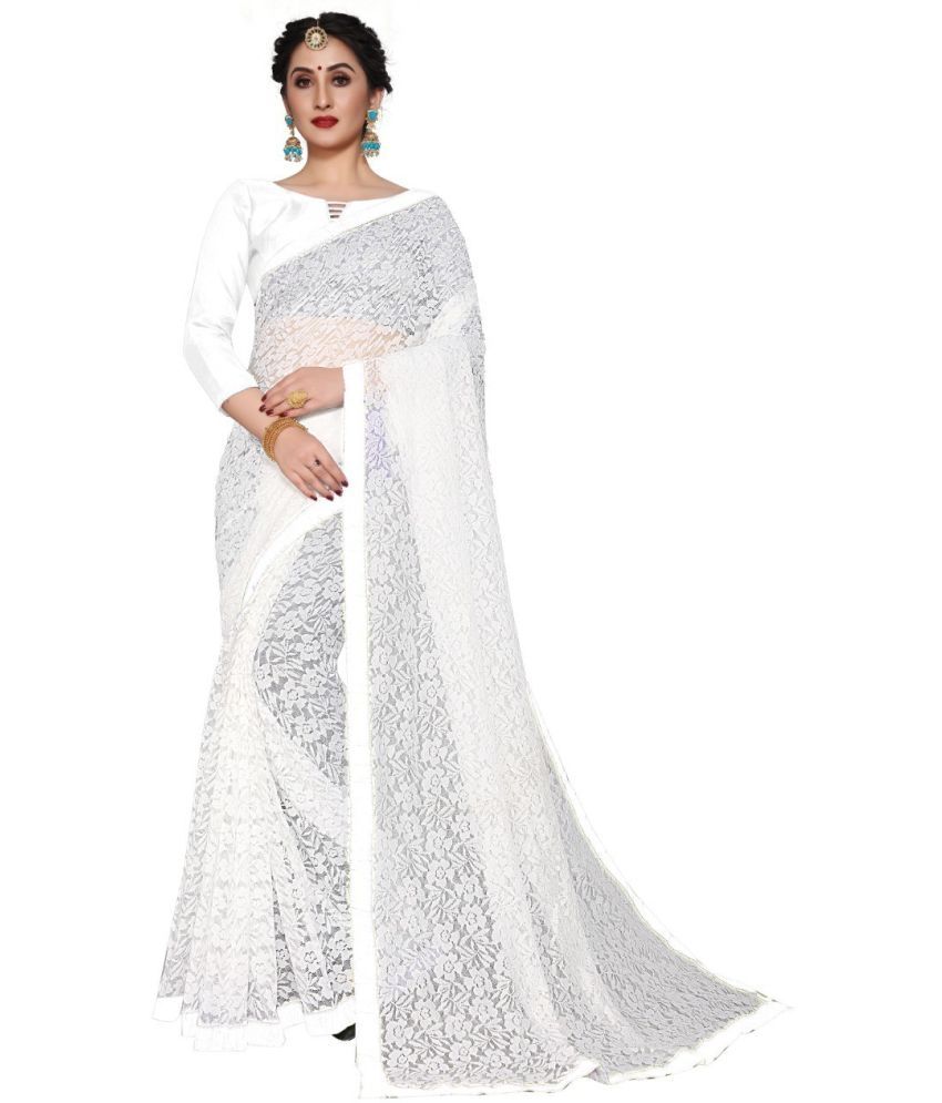     			Saadhvi Net Self Design Saree With Blouse Piece - White ( Pack of 1 )