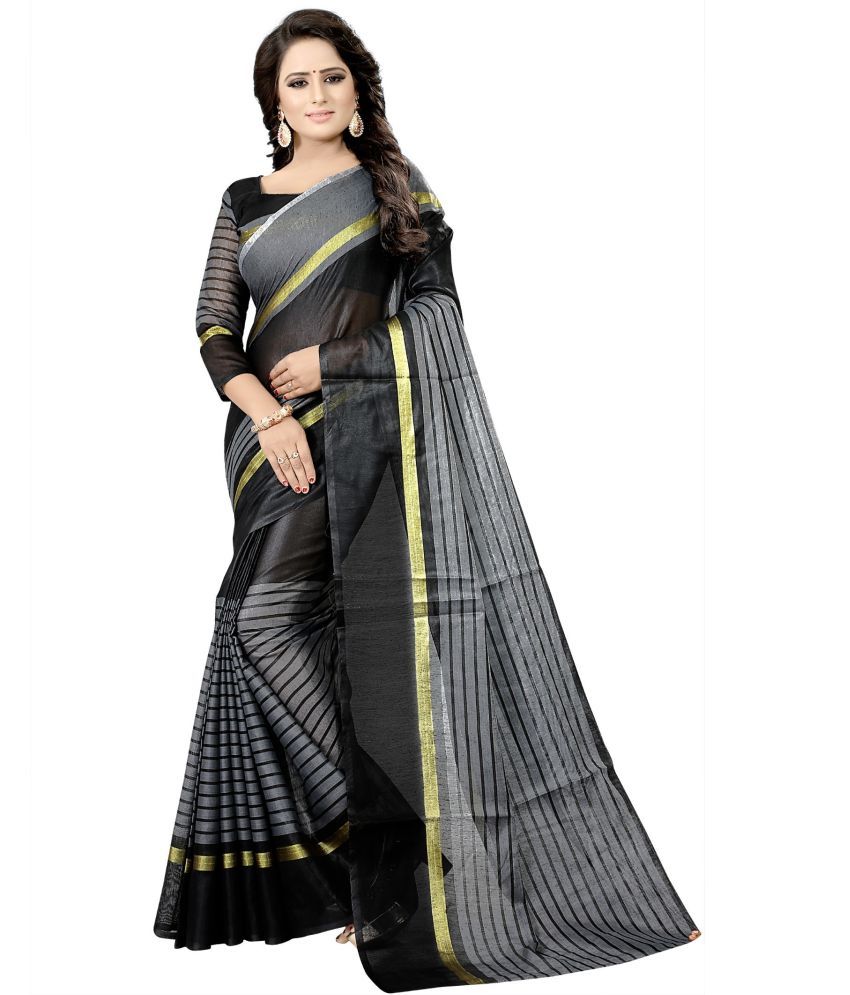     			Sadhvi Cotton Silk Striped Saree With Blouse Piece - Black ( Pack of 1 )