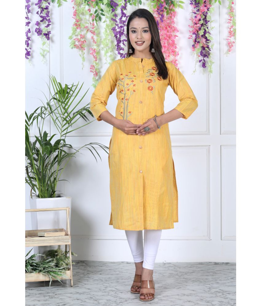     			Vashineh Cotton Embroidered Front Slit Women's Kurti - Yellow ( Pack of 1 )