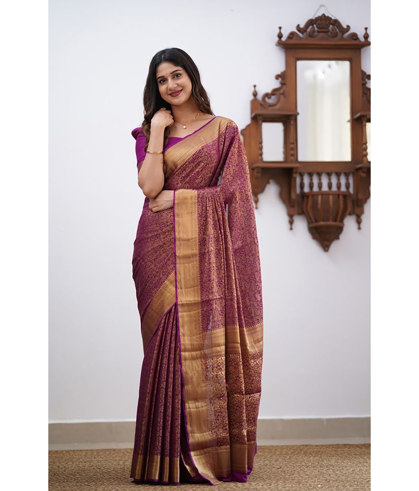     			Anjanaya  sarees Banarasi Silk Woven Saree With Blouse Piece - Purple ( Pack of 1 )