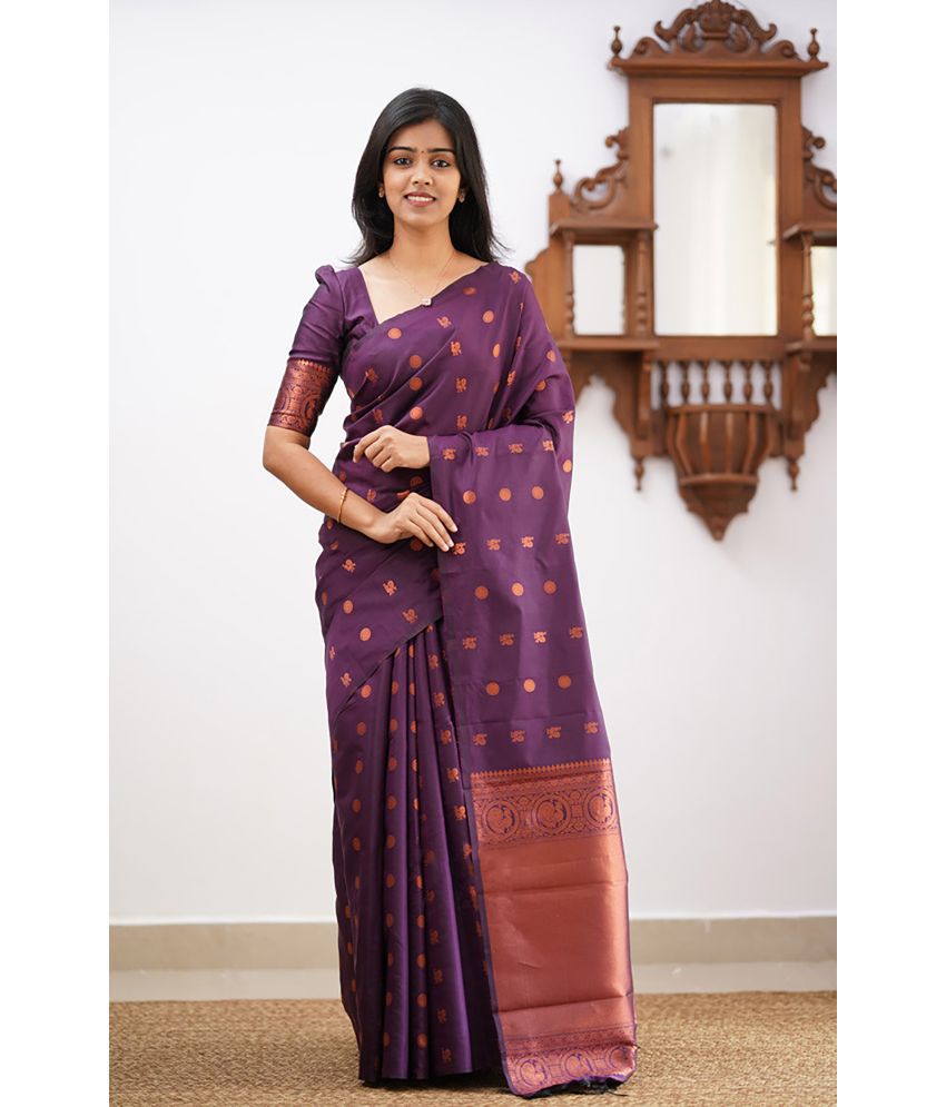     			Anjanaya  sarees Banarasi Silk Woven Saree With Blouse Piece - Purple ( Pack of 1 )