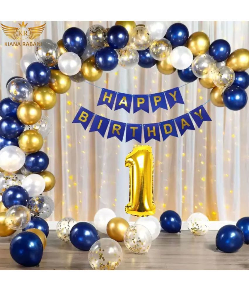     			KR 1ST HAPPY BIRTHDAY PARTY DECORATION WITH HAPPY BIRTHDAY FOIL BALLOON 12 BLUE 12 WHITE 12 GOLD BALLOON 1 NET CURTAIN 1 LIGHT 4 CONFETI 1 ARCH 1 GLUE 1 RIBBON 1NO. GOLD FOIL BALLOON