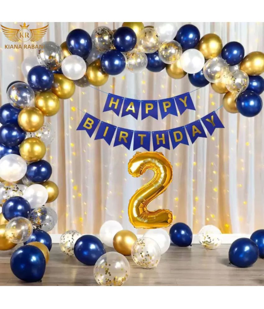     			KR 2ND HAPPY BIRTHDAY PARTY DECORATION WITH HAPPY BIRTHDAY FOIL BALLOON 12 BLUE 12 WHITE 12 GOLD BALLOON 1 NET CURTAIN 1 LIGHT 4 CONFETI 1 ARCH 1 GLUE 1 RIBBON 2NO. GOLD FOIL BALLOON
