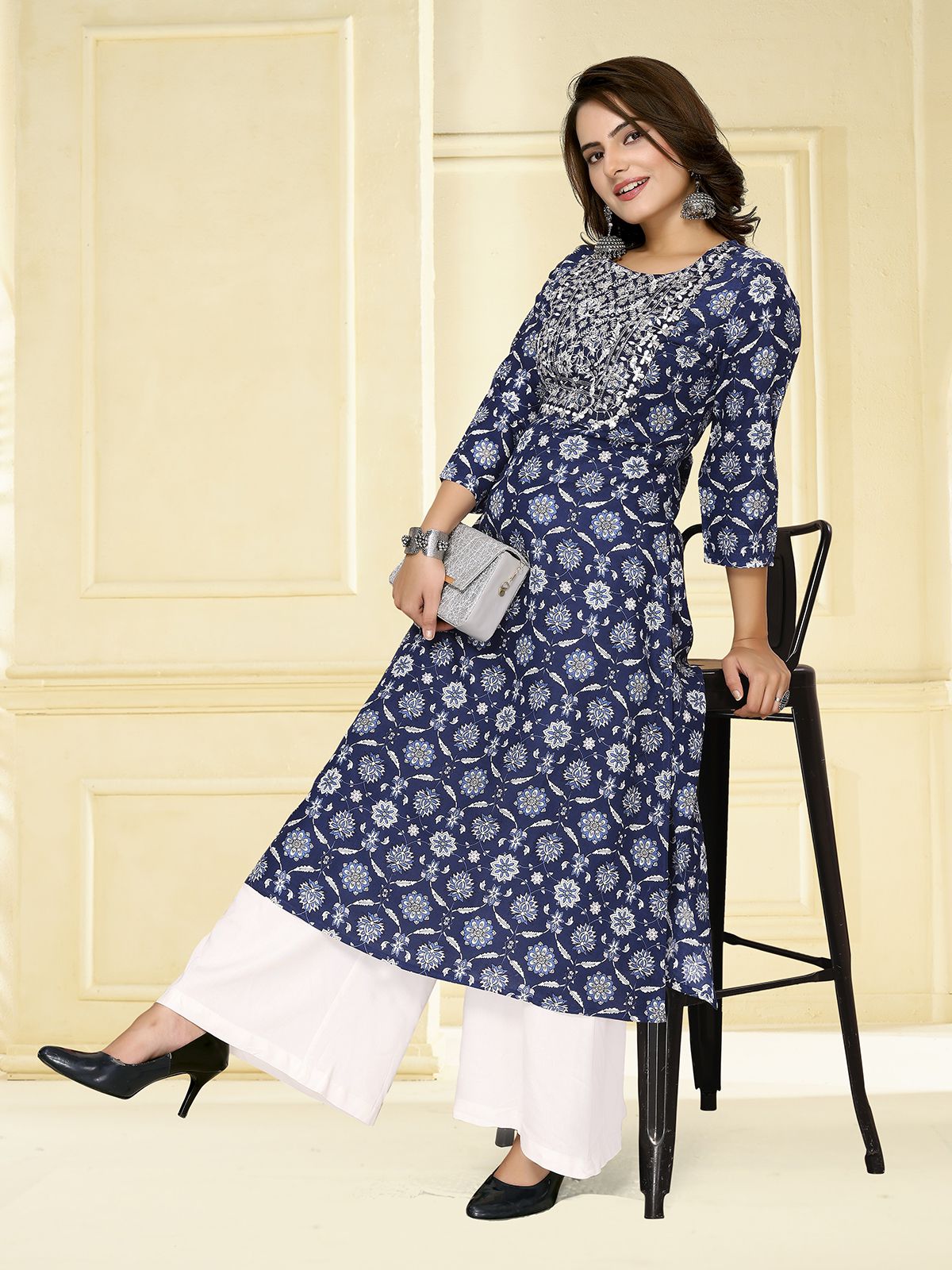     			Rangita Women Rayon Blue Embroidered Calf Length A-line Kurti