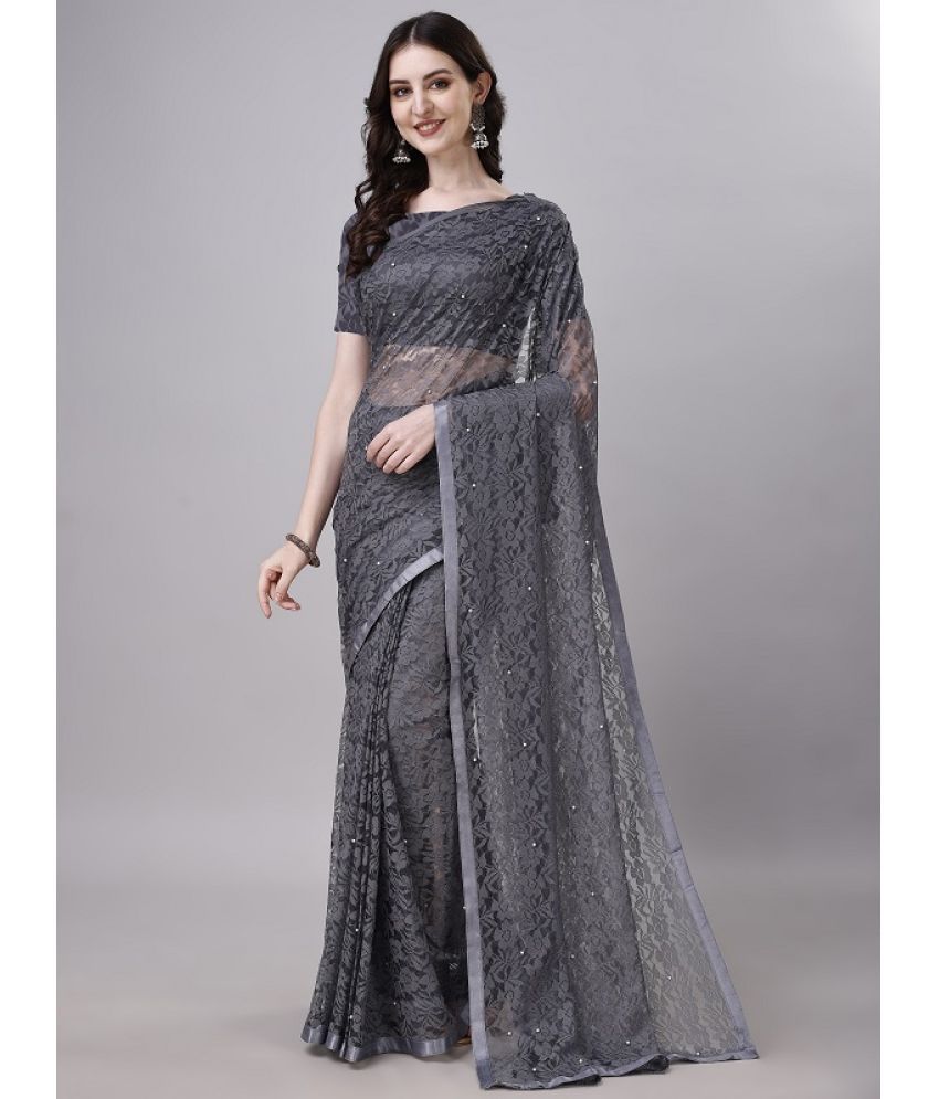     			VERVIZA Net Embroidered Saree With Blouse Piece - Grey ( Pack of 1 )