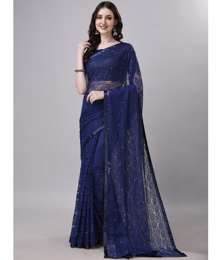     			VERVIZA Net Embroidered Saree With Blouse Piece - Navy Blue ( Pack of 1 )
