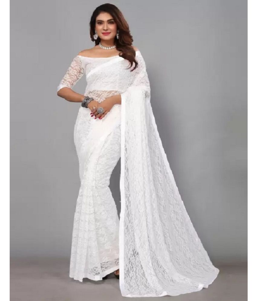     			VERVIZA Net Embroidered Saree With Blouse Piece - White ( Pack of 1 )