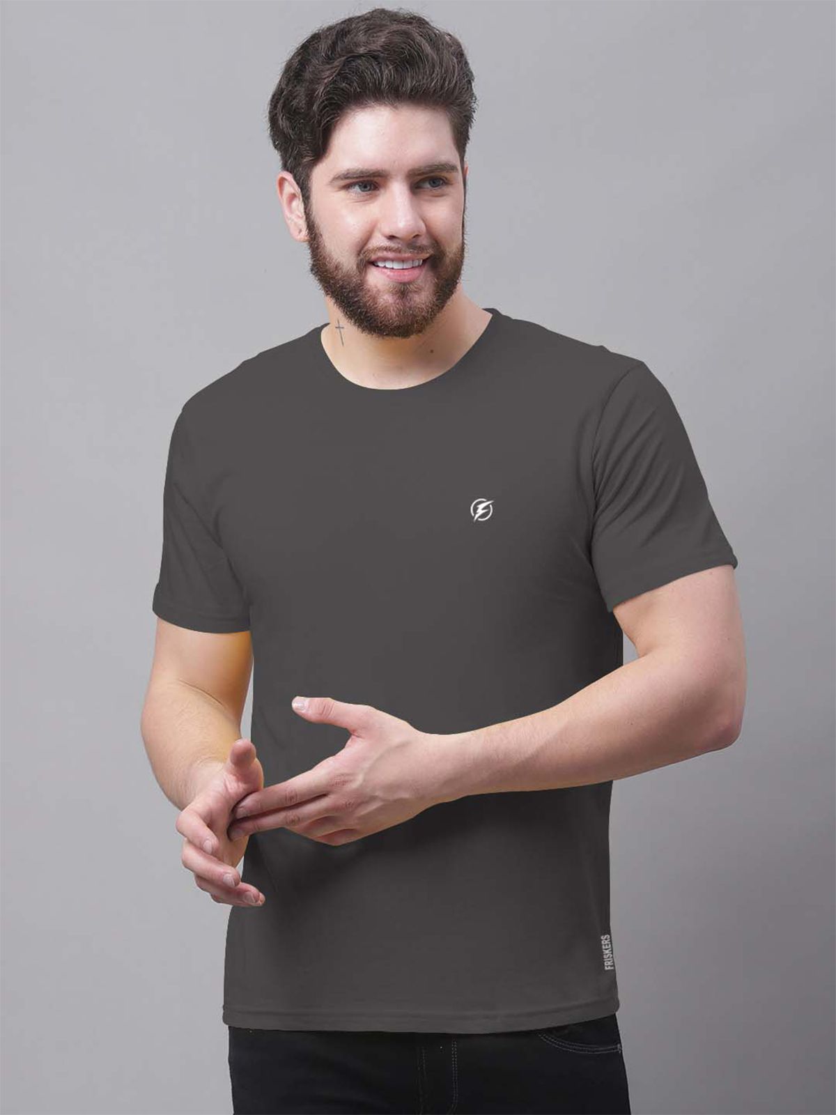     			Friskers 100% Cotton Slim Fit Solid Half Sleeves Men's T-Shirt - Dark Grey ( Pack of 1 )
