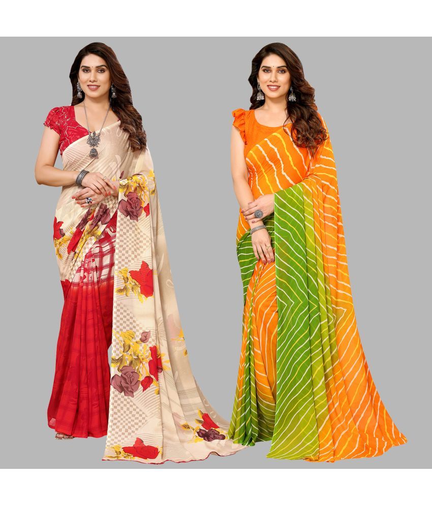     			Kashvi Sarees Georgette Printed Saree With Blouse Piece - Multicolor ( Pack of 2 )