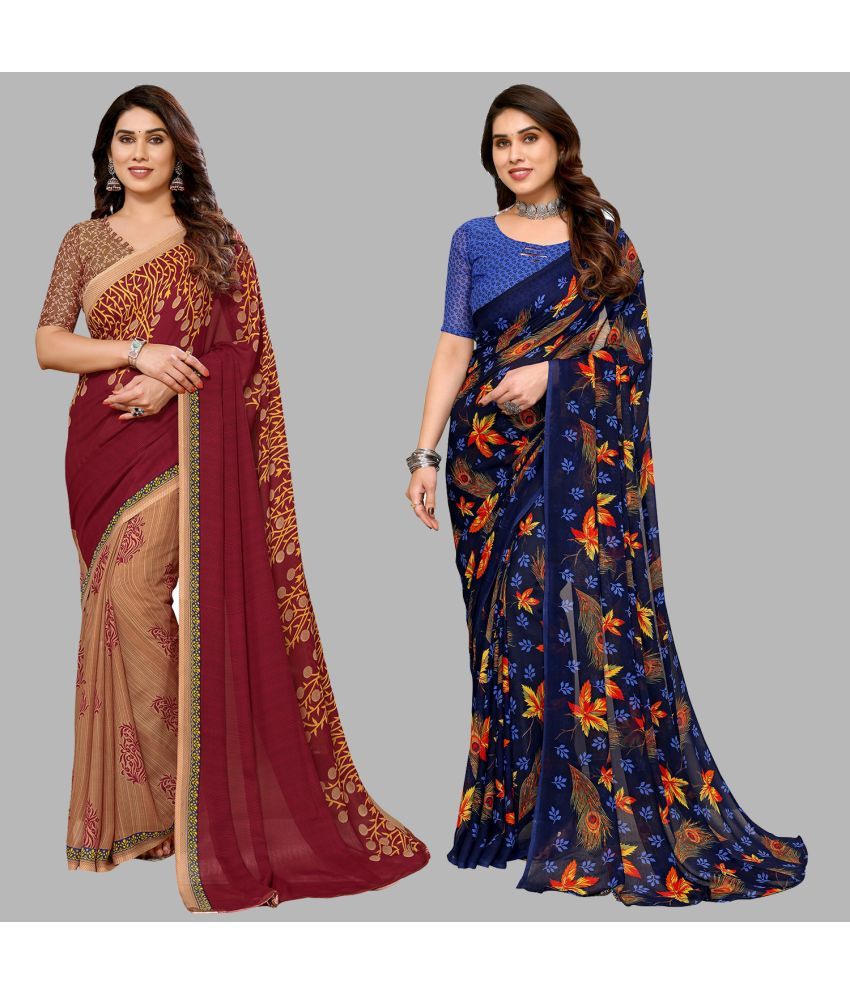     			Kashvi Sarees Georgette Printed Saree With Blouse Piece - Multicolor ( Pack of 2 )