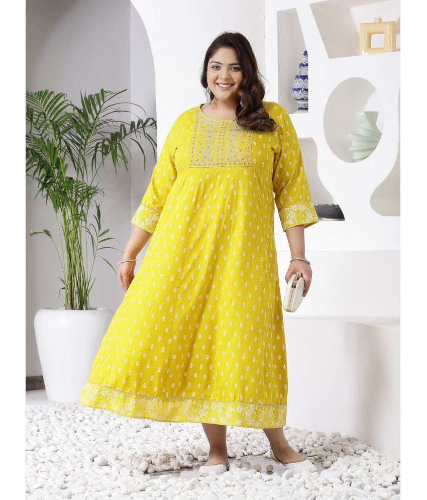     			Little More By Stylum Rayon Embroidered Anarkali Women's Kurti - Mustard ( Pack of 1 )