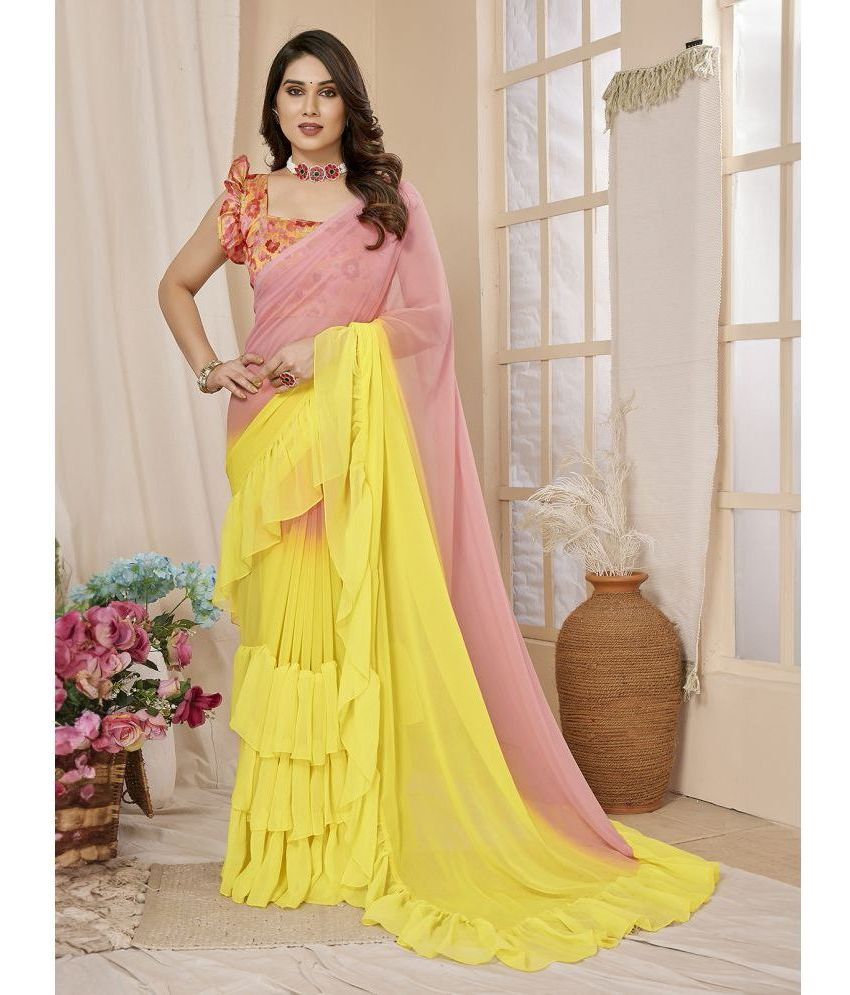     			BLEESBURY Georgette Dyed Saree With Blouse Piece - Yellow ( Pack of 1 )