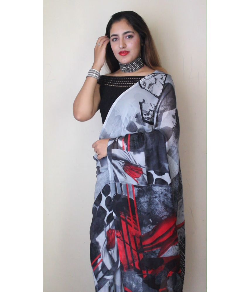     			ANAND SAREES Georgette Printed Saree With Blouse Piece - Grey ( Pack of 1 )