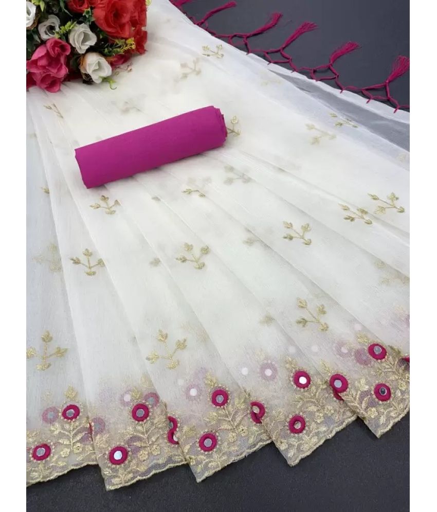     			Aika Net Embellished Saree With Blouse Piece - White ( Pack of 1 )