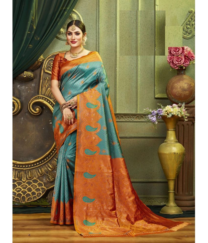     			Aika Silk Blend Embellished Saree With Blouse Piece - Orange ( Pack of 1 )