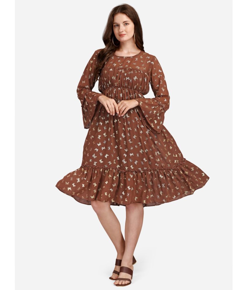     			gufrina Cotton Blend Printed Knee Length Women's Fit & Flare Dress - Brown ( Pack of 1 )