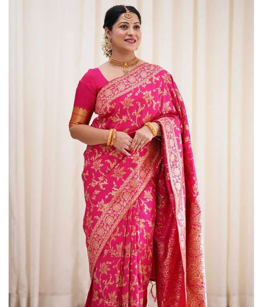     			Anjanaya  sarees Banarasi Silk Woven Saree With Blouse Piece - Pink ( Pack of 1 )
