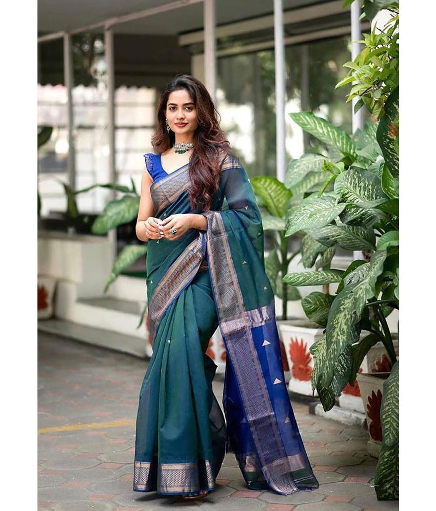     			Anjaneya Sarees Banarasi Silk Woven Saree With Blouse Piece - Teal ( Pack of 1 )